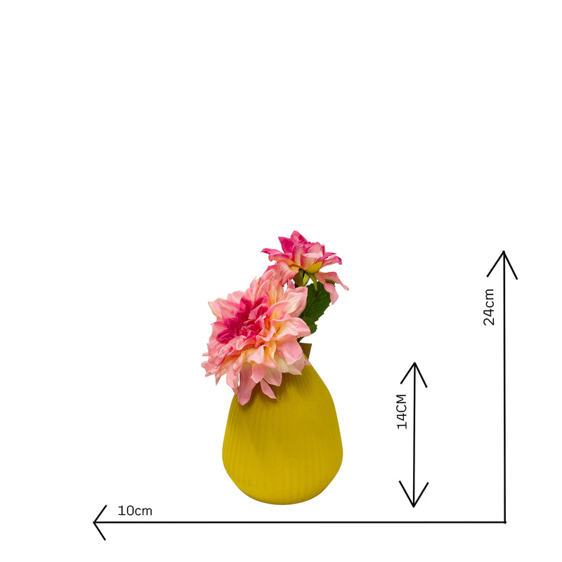 Faux Coral Dahlia in yellow ceramic vase with measurements