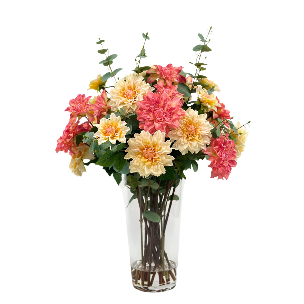 Dahlia Mixed Colours Arrangement In Tapered Glass Vase