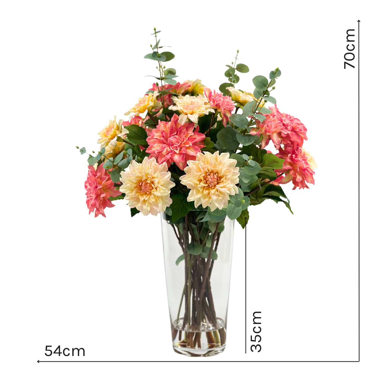Dahlia Mixed Colours Arrangement In Tapered Glass Vase