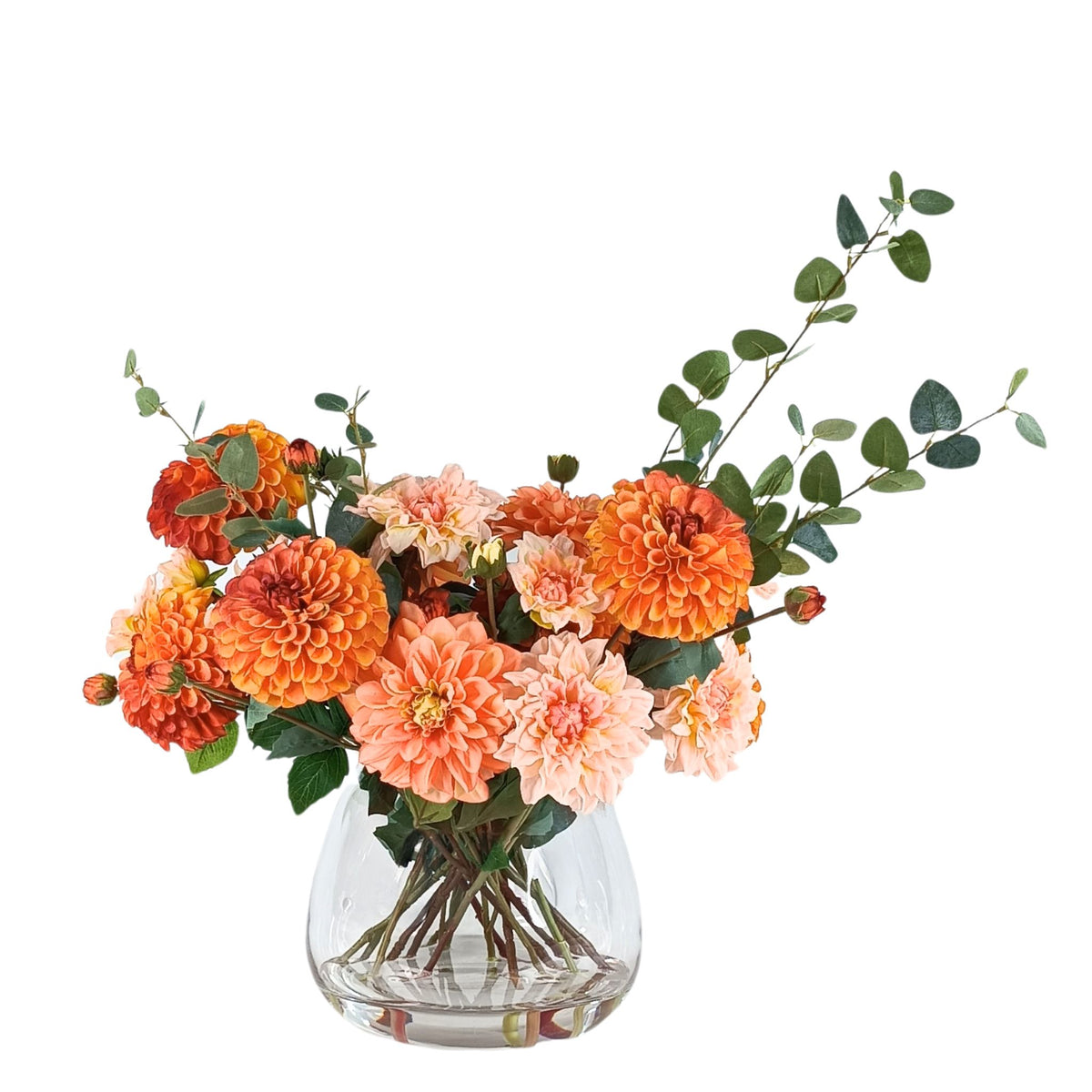 Dahlia Silk Flower Arrangement in Short Barrel Glass Vase. Full view of arrangement. Available from www.plantcouture.co.za