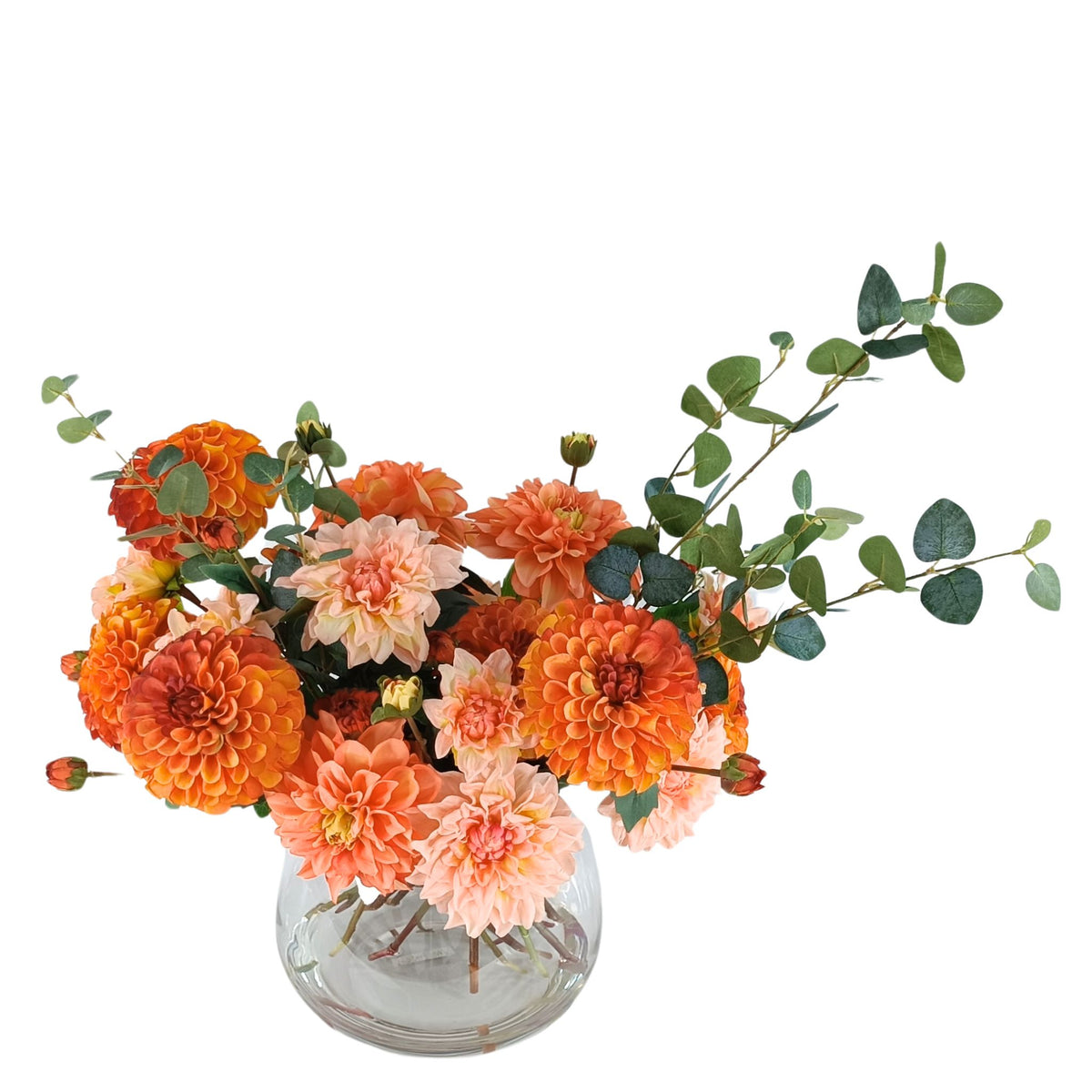 Dahlia Silk Flower Arrangement in Short Barrel Glass Vase. Top view of arrangement. Available from www.plantcouture.co.za