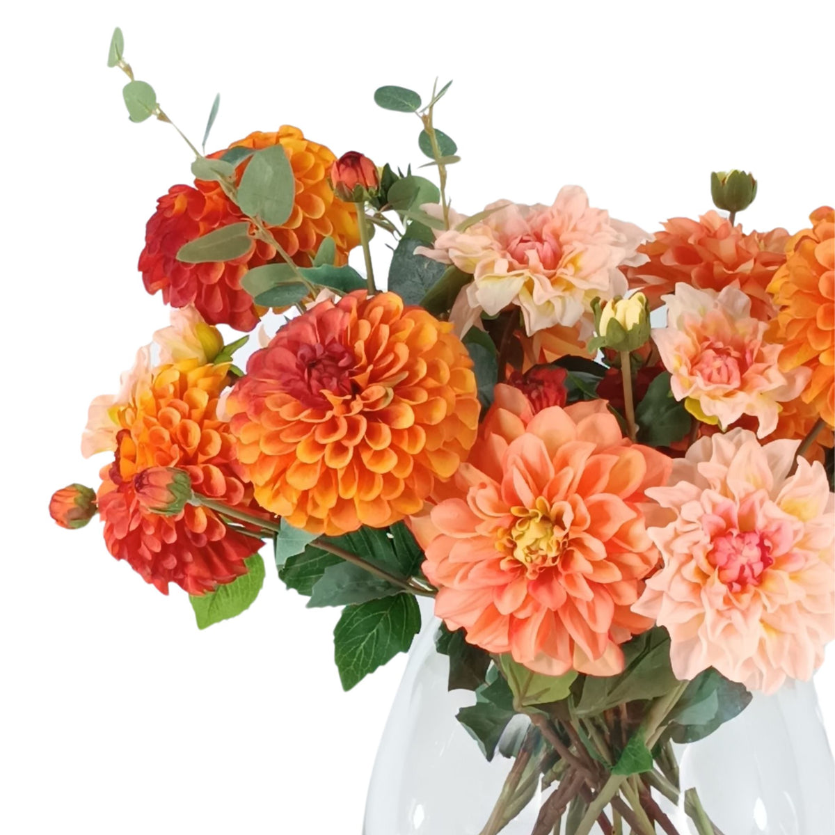 Dahlia Silk Flower Arrangement in Short Barrel Glass Vase. Close up top view of arrangement. Available from www.plantcouture.co.za