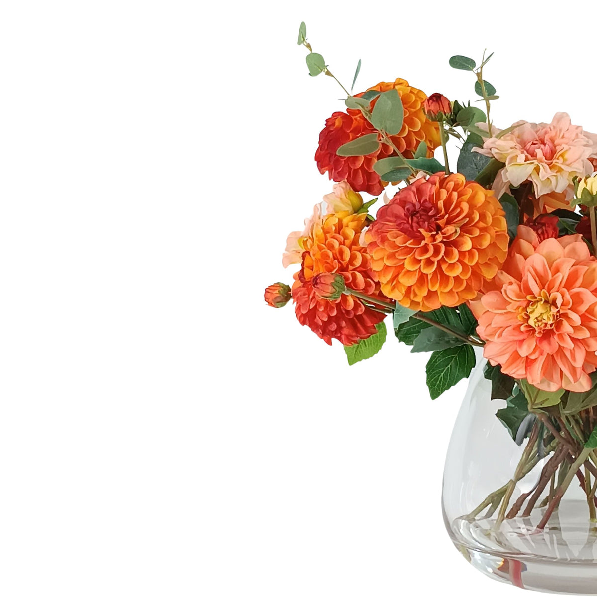 Dahlia Silk Flower Arrangement in Short Barrel Glass Vase. Side right view of arrangement. Available from www.plantcouture.co.za
