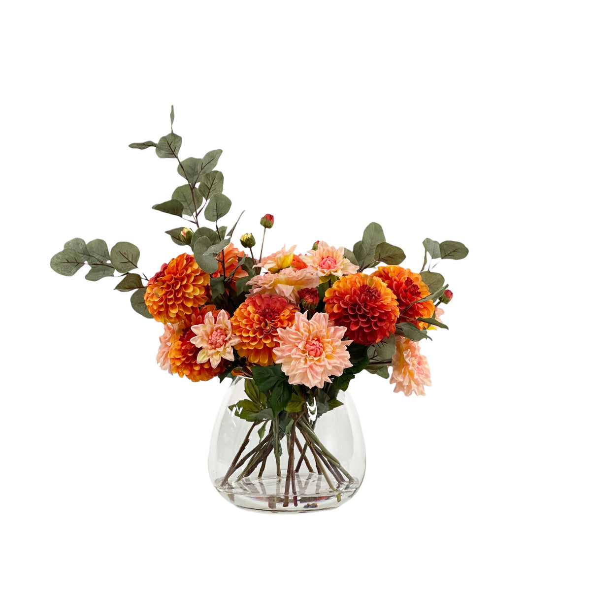 Artificial Dahlia Silk Flower Arrangement in Short Barrel Glass Vase Set in Faux Water