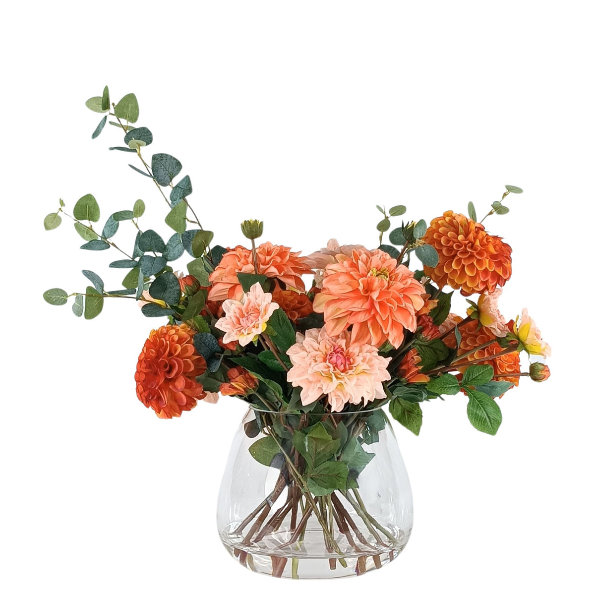 Dahlia Silk Flower Arrangement in Short Barrel Glass Vase. Full view of arrangement. Available from www.plantcouture.co.za