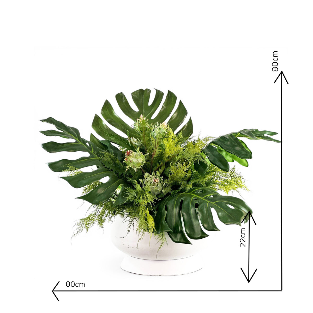Green  Monstera Foliage Fern and Artichoke Arrangement in White Planter