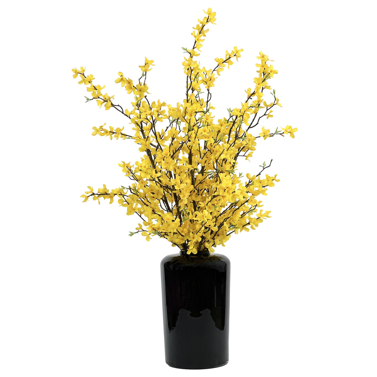 Forsythia Silk Flower Arrangement in Tall Black Vase