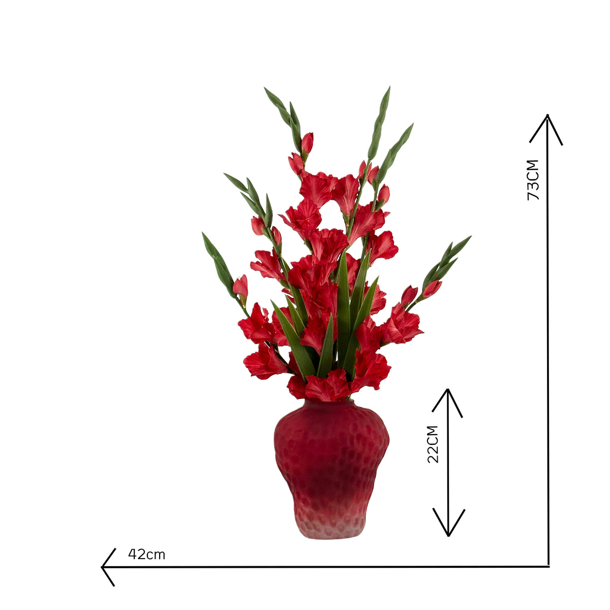 Faux GLADIOLUS RED IN STRAWBERRY VASE WITH MEASURMENTS 42CM WIDE AND 73CM HIGH