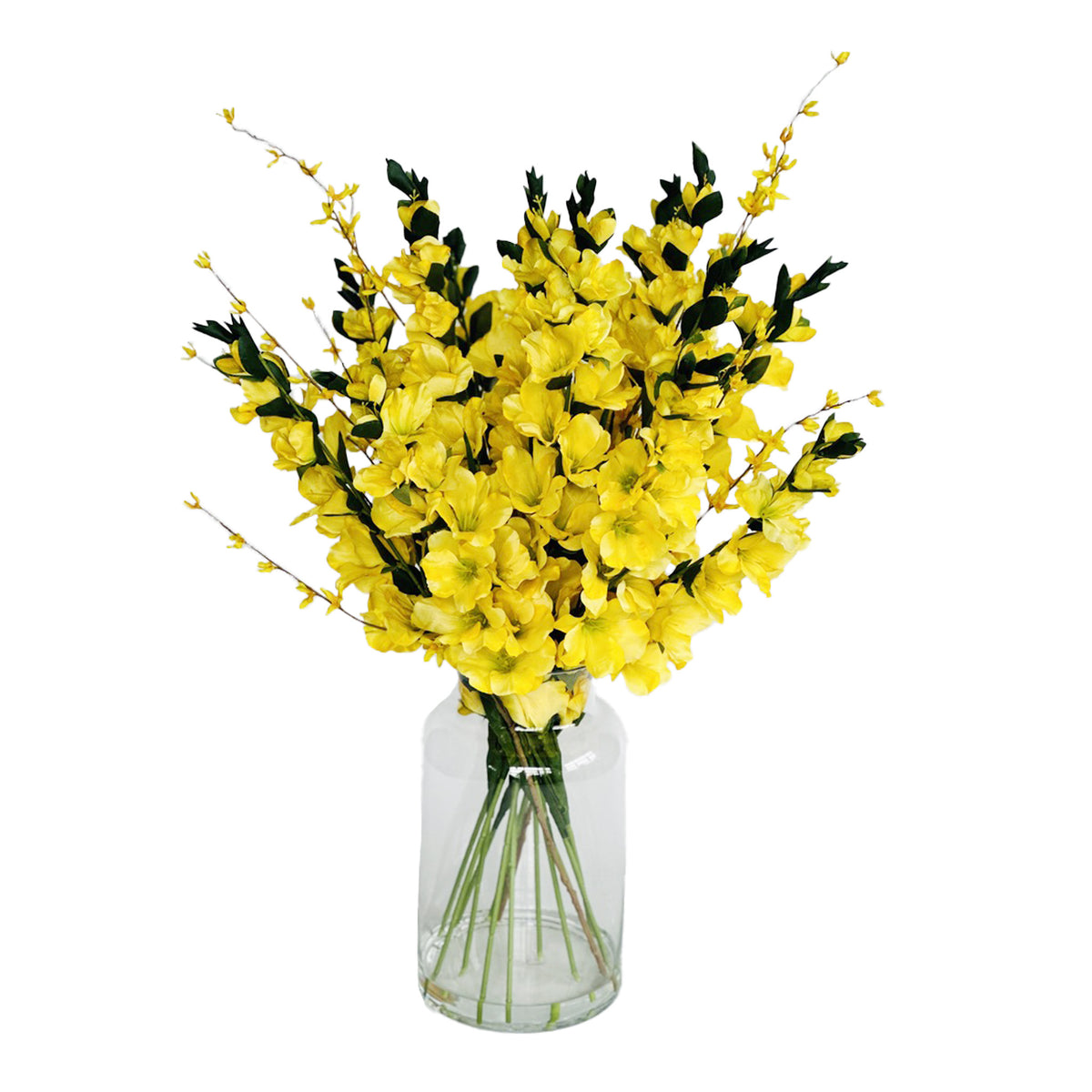Yellow Gladiolus Silk Flower Arrangement in Glass Vase