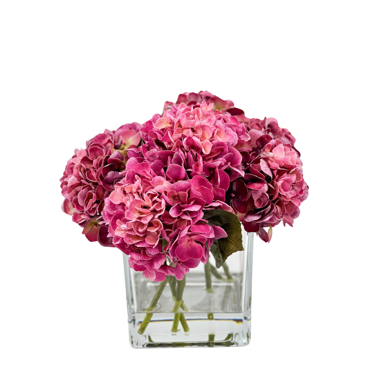 Deep Purple Hydrangea Silk Flower Arrangement in Square Glass Vase from Plant Couture www.plantcouture.co.za