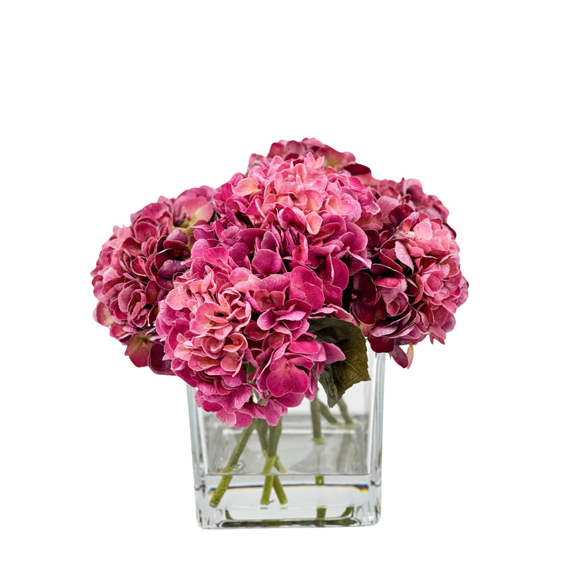 Deep Purple Hydrangea Silk Flower Arrangement in Square Glass Vase from Plant Couture www.plantcouture.co.za