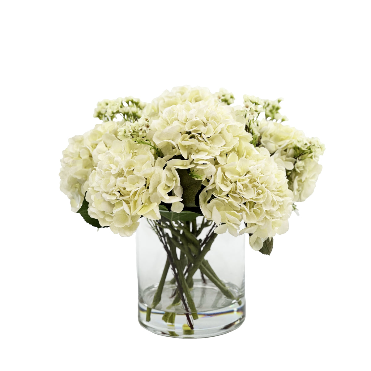 White Hydrangea Silk Flower Arrangement in Cylinder Glass Vase