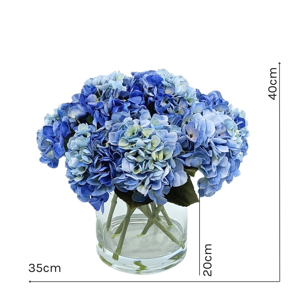 Hydrangea Blue in Cylinder Glass Vase. Front view with measurements of silk flower arrangement from www.plantcouture.co.za