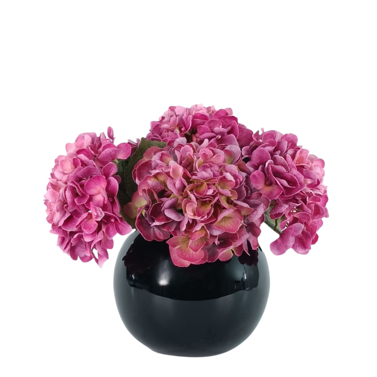 Hydrangea Purple Pink Arrangement in Black Gloss Glass Vase. Full view of silk flowers in vase. Available from www.plantcouture.co.za