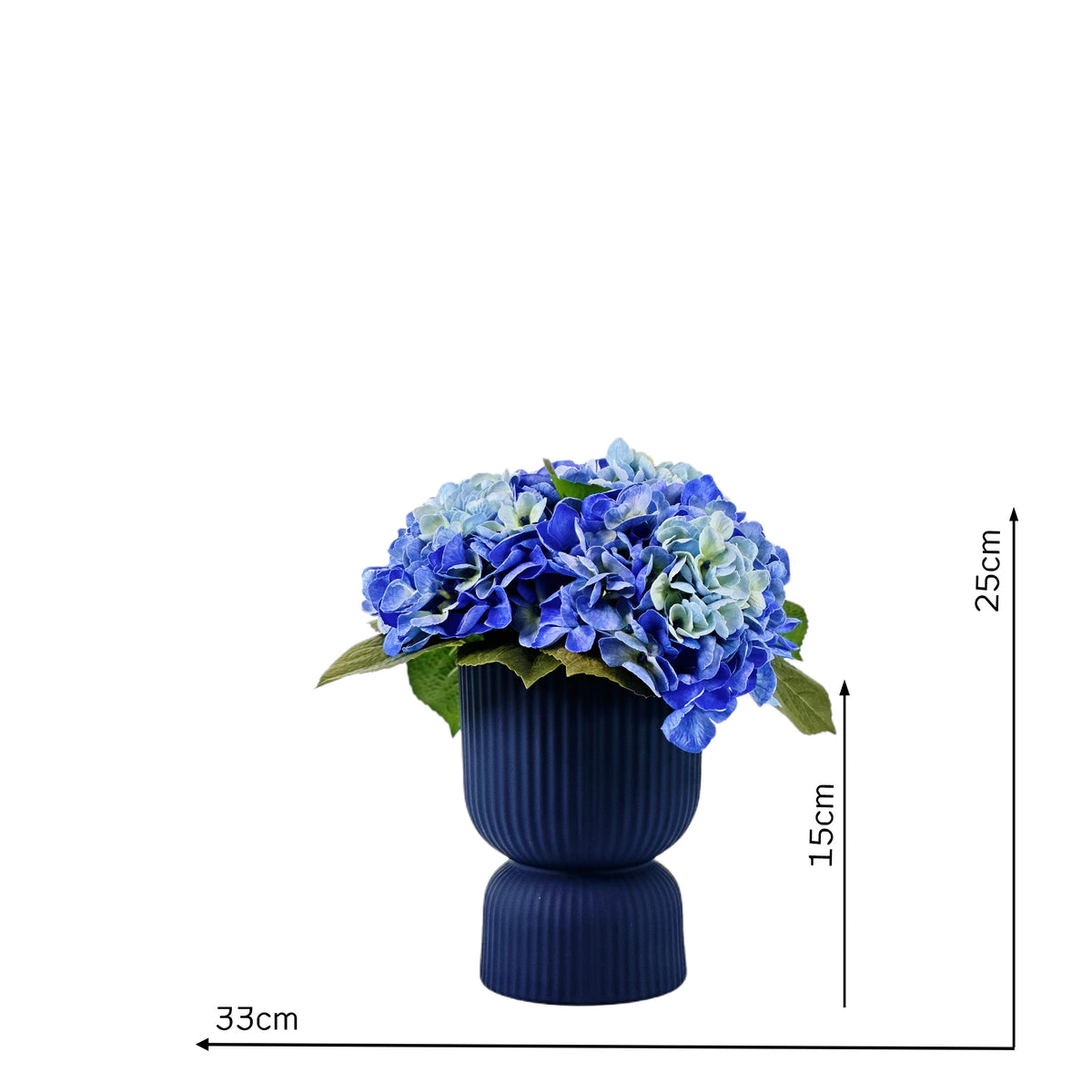 Faux real touch Hydrangea arrangement in hues of  blue set n blue ceramic vase