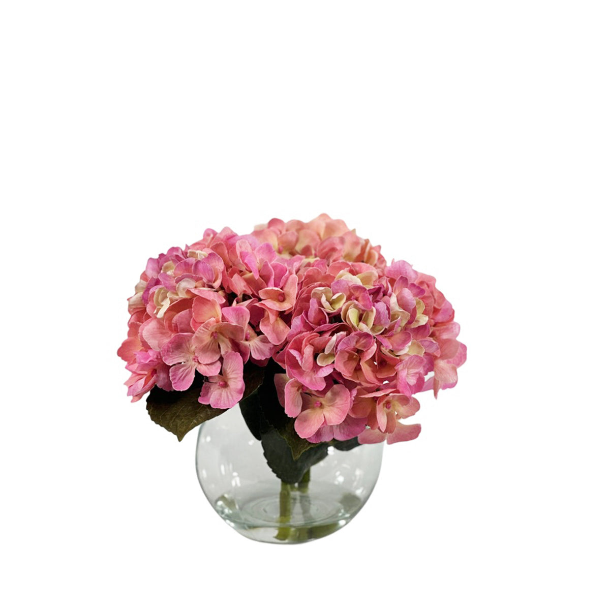 Faux Pink Hydrangea arrangement in a clear glass vase with faux water on a white background