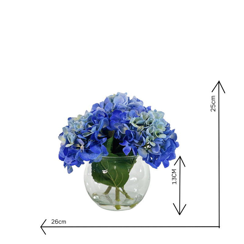 Artificial hydrangea arrangement is beautiful Blue Hues set in bubble ball vase with faux water with dimensions