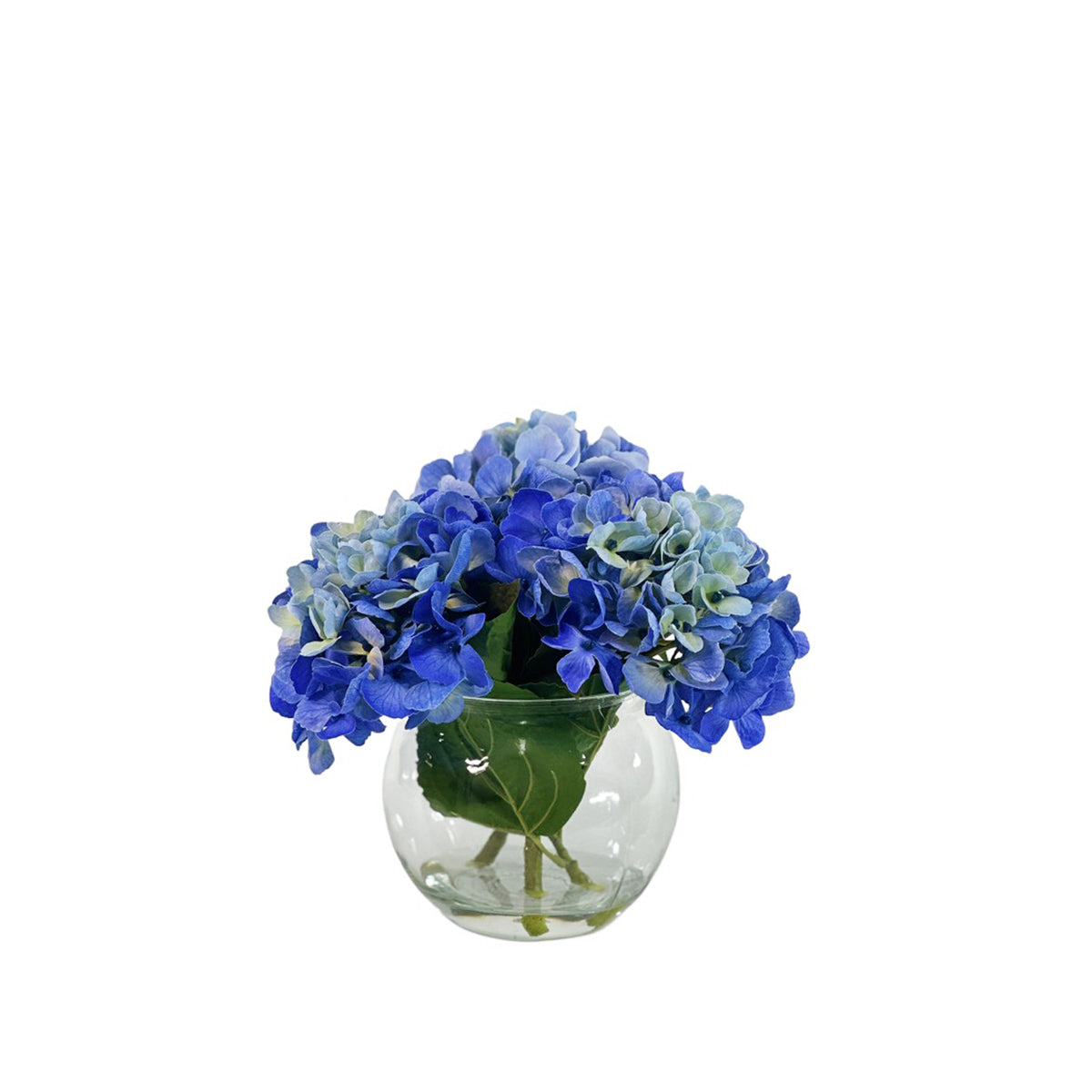 Artificial hydrangea arrangement is beautiful Blue Hues set in bubble ball vase with faux water