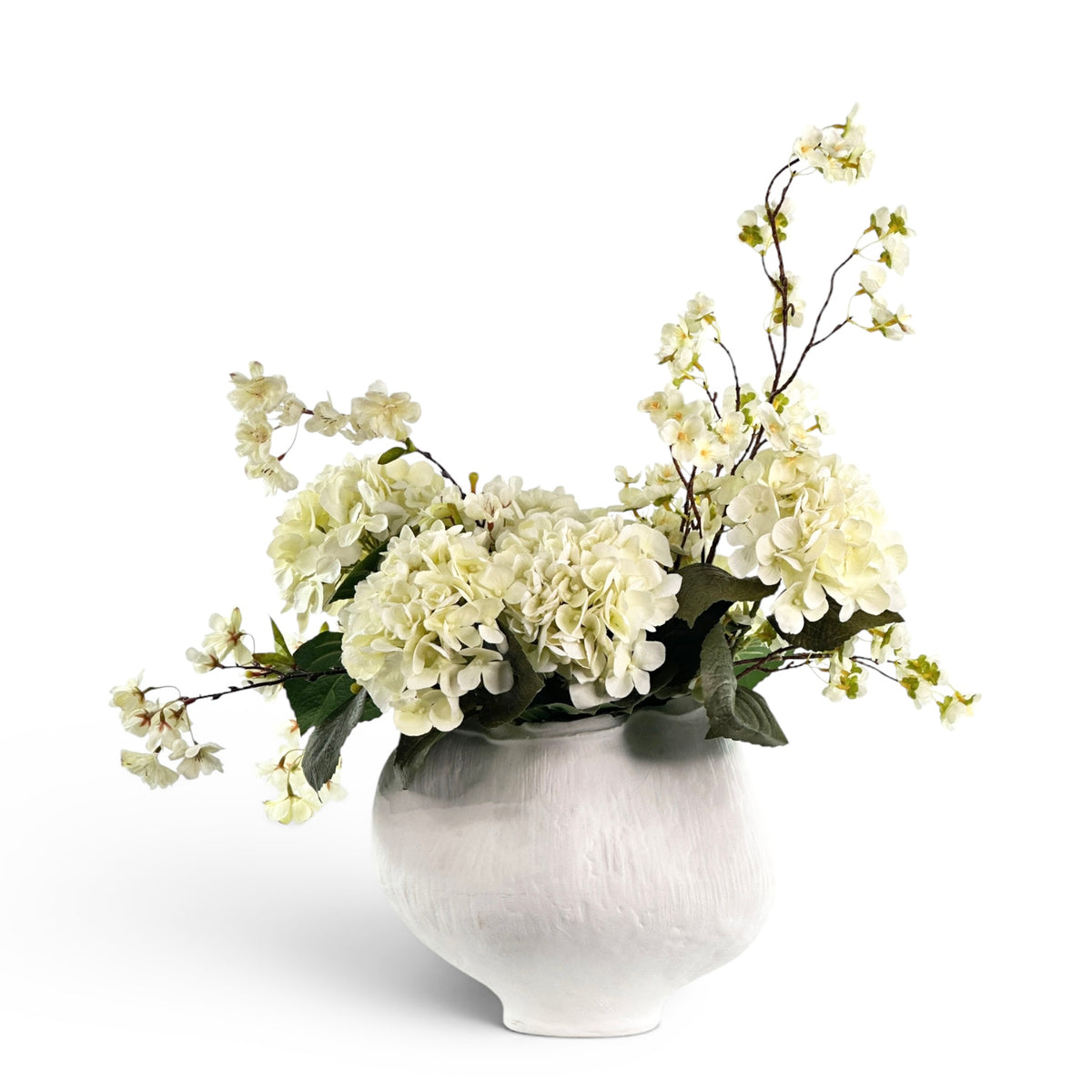 Hydrangea White and Cherry Blossom Arrangement in White Planter