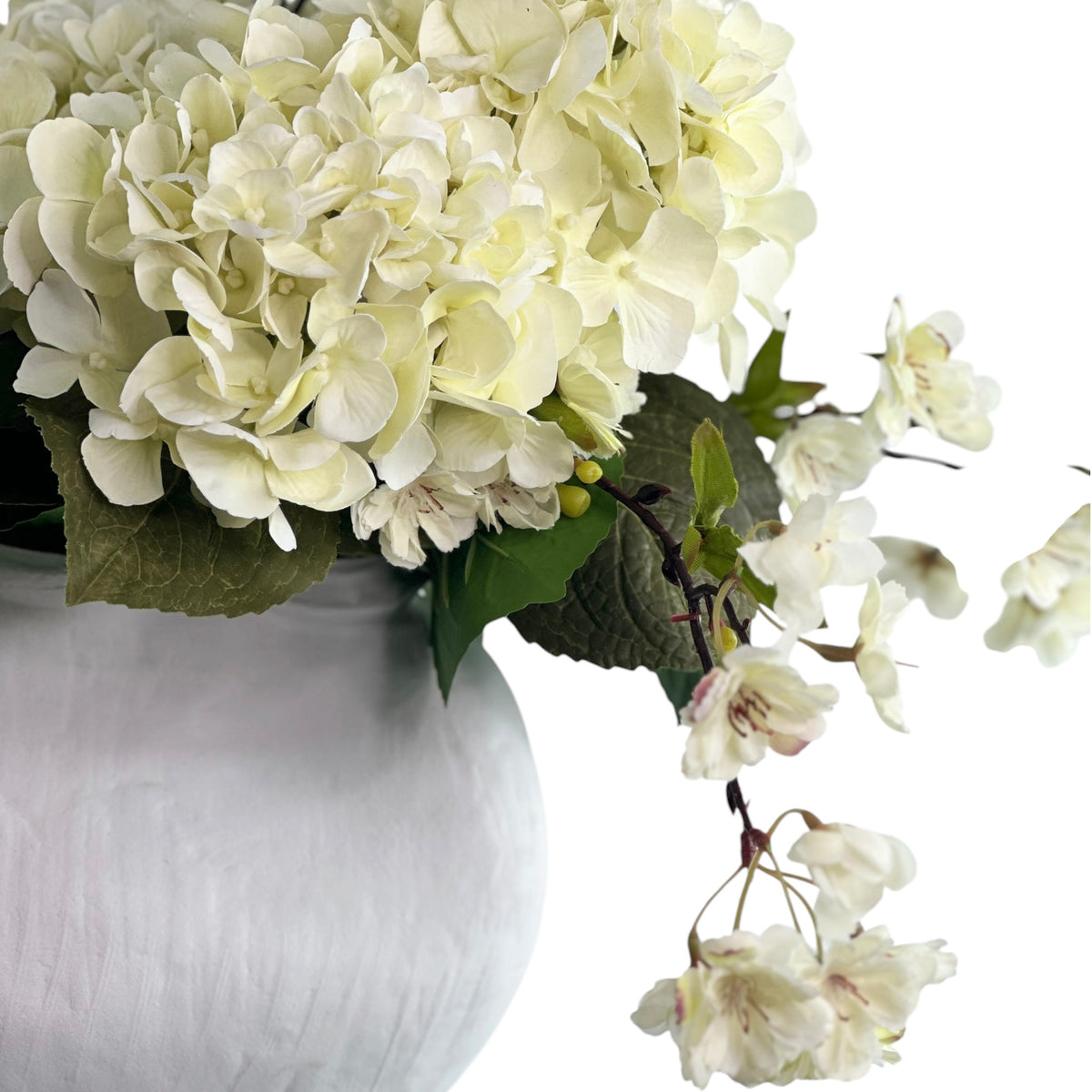 Hydrangea White and Cherry Blossom Arrangement in White Planter