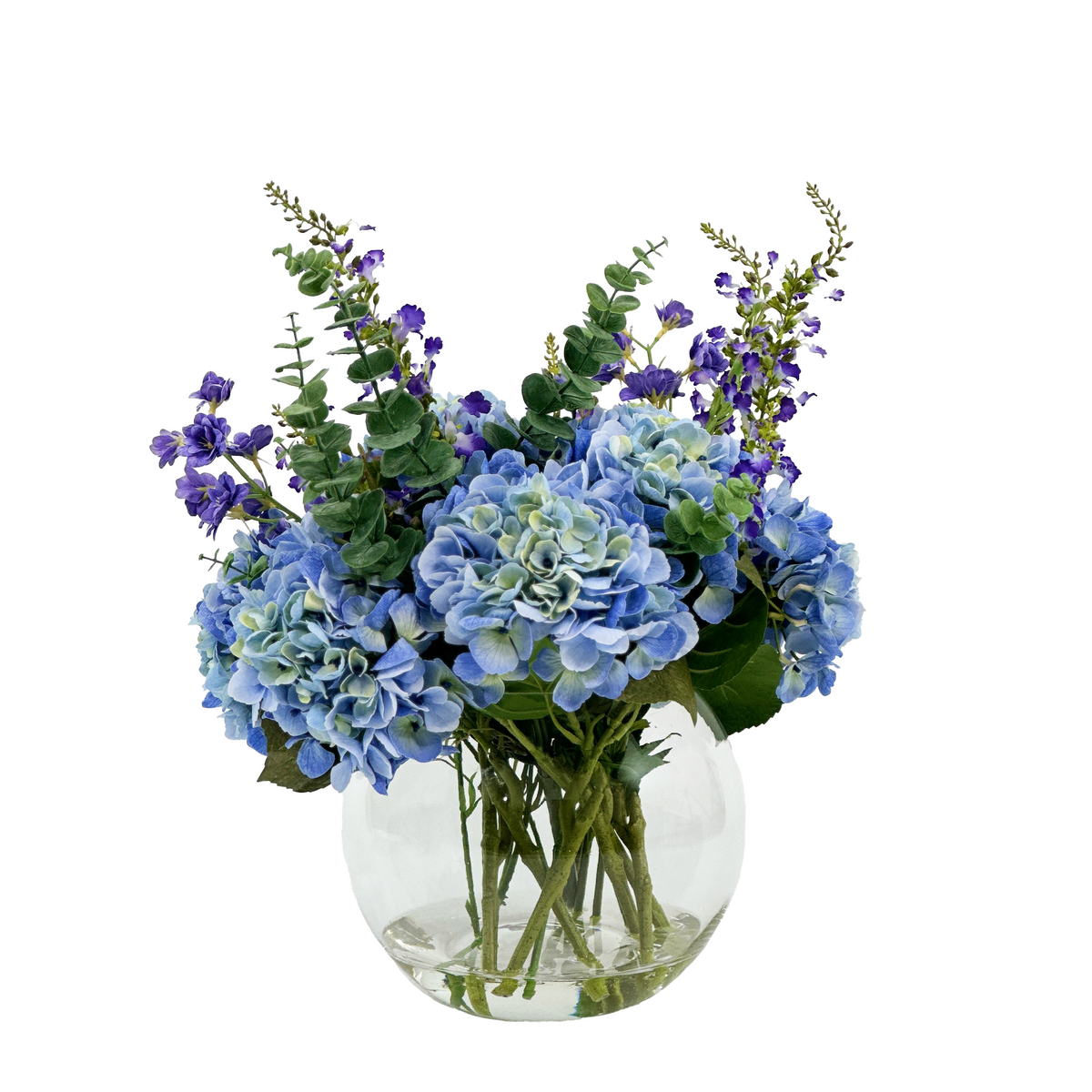 Mix Silk Flower Arrangement with Hydrangea Oncidium and Eucalyptus. Available from Plant Couture. Blue, purple and grey tones. www.plantcouture.co.za