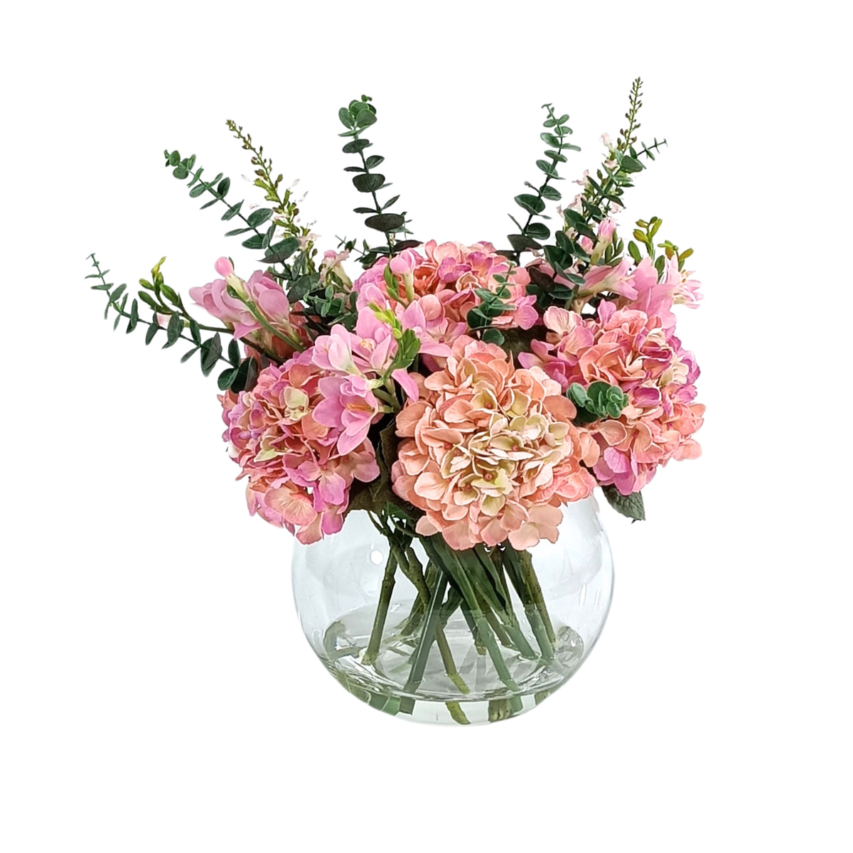 Mix Arrangement Pink Hydrangea Oncidium Freezia Eucalyptus