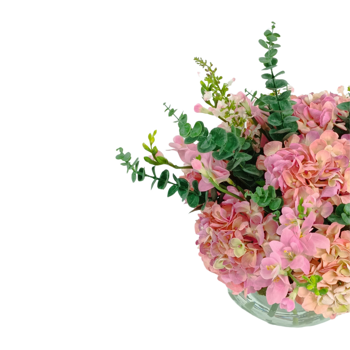 Mix Arrangement Pink Hydrangea Oncidium Freezia Eucalyptus