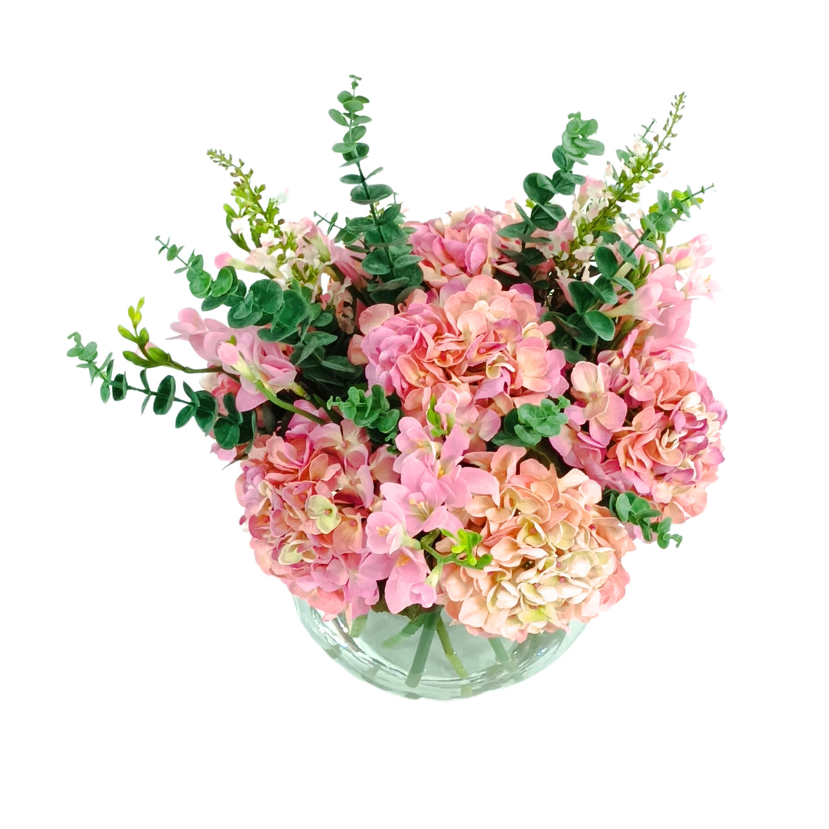 Mix Arrangement Pink Hydrangea Oncidium Freezia Eucalyptus
