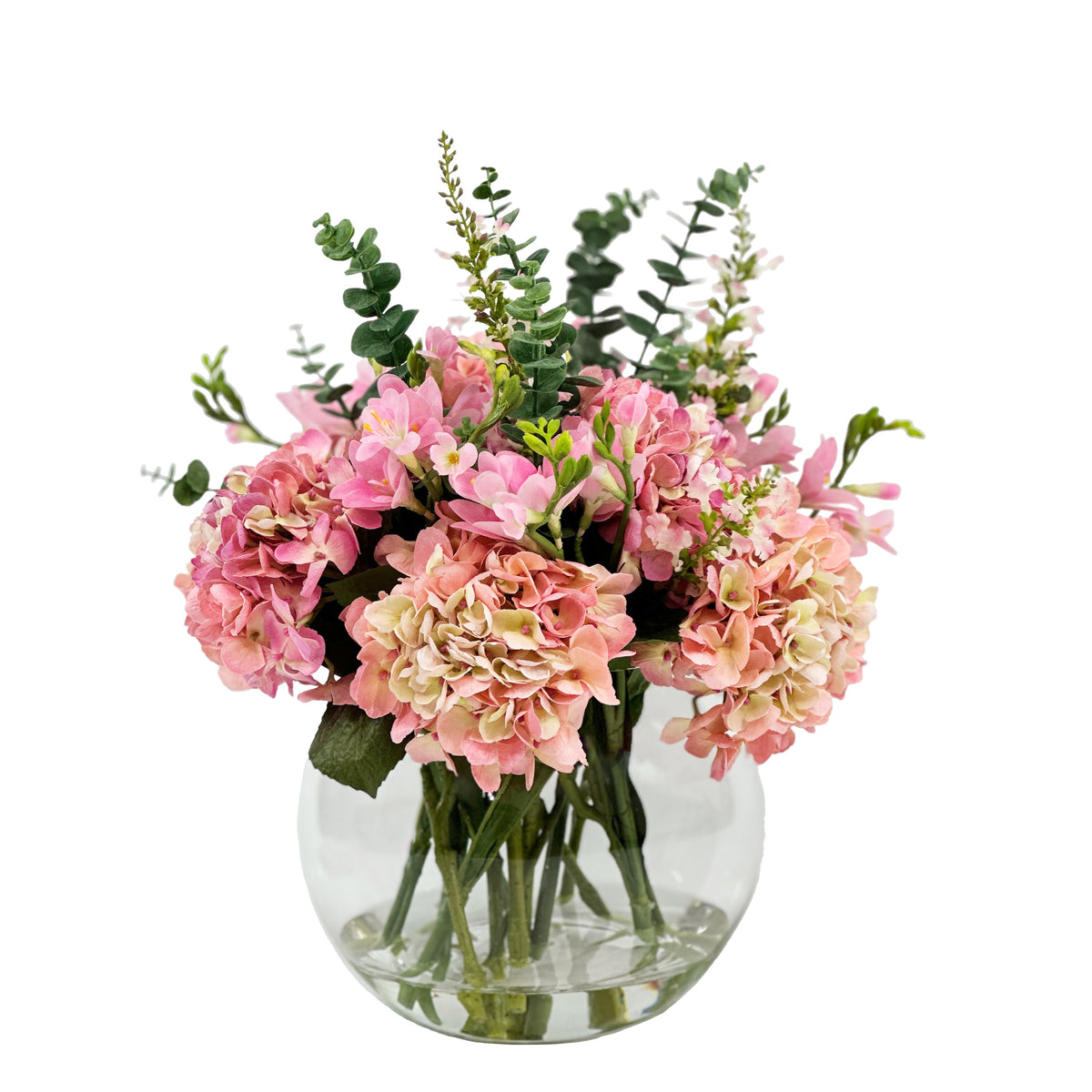 Hydrangea Pink Oncidium Freezia and Eucalyptus Mix Silk Arrangement available from Plant Couture www.plantcouture.co.za