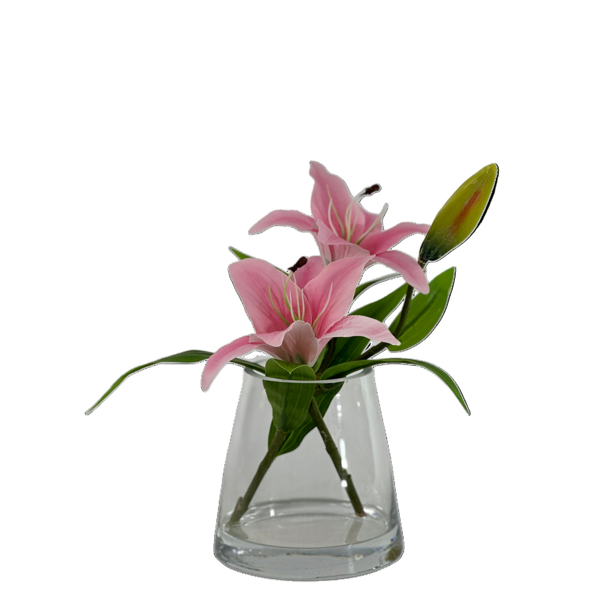Clear glass vase with pink lilies on a white background