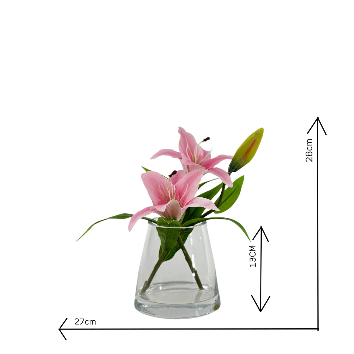 Pink faux Lilies in small Conicle vase with faux water