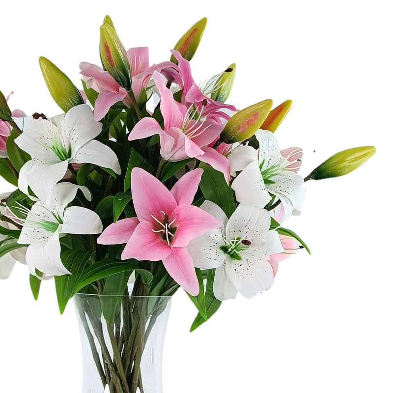 Tiger Lily Pink White Silk Flower Arrangement. Close up side view of arrangement. Available from www.plantcouture.co.za