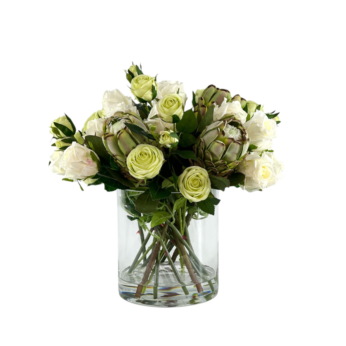 Mixed Rose White and Green and Protea Arrangement in Cylinder Glass Vase