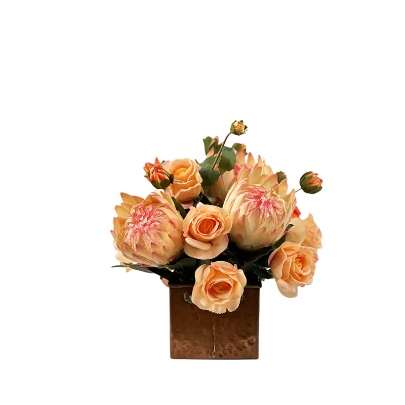 Artificial Mix Flower Arrangement with Proteas and Roses  and Dahlia in Copper Pot