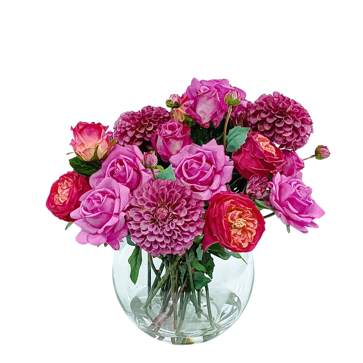 Dahlia Cabbage Roses Mix Arrangement in Glass Bubble Ball Vase