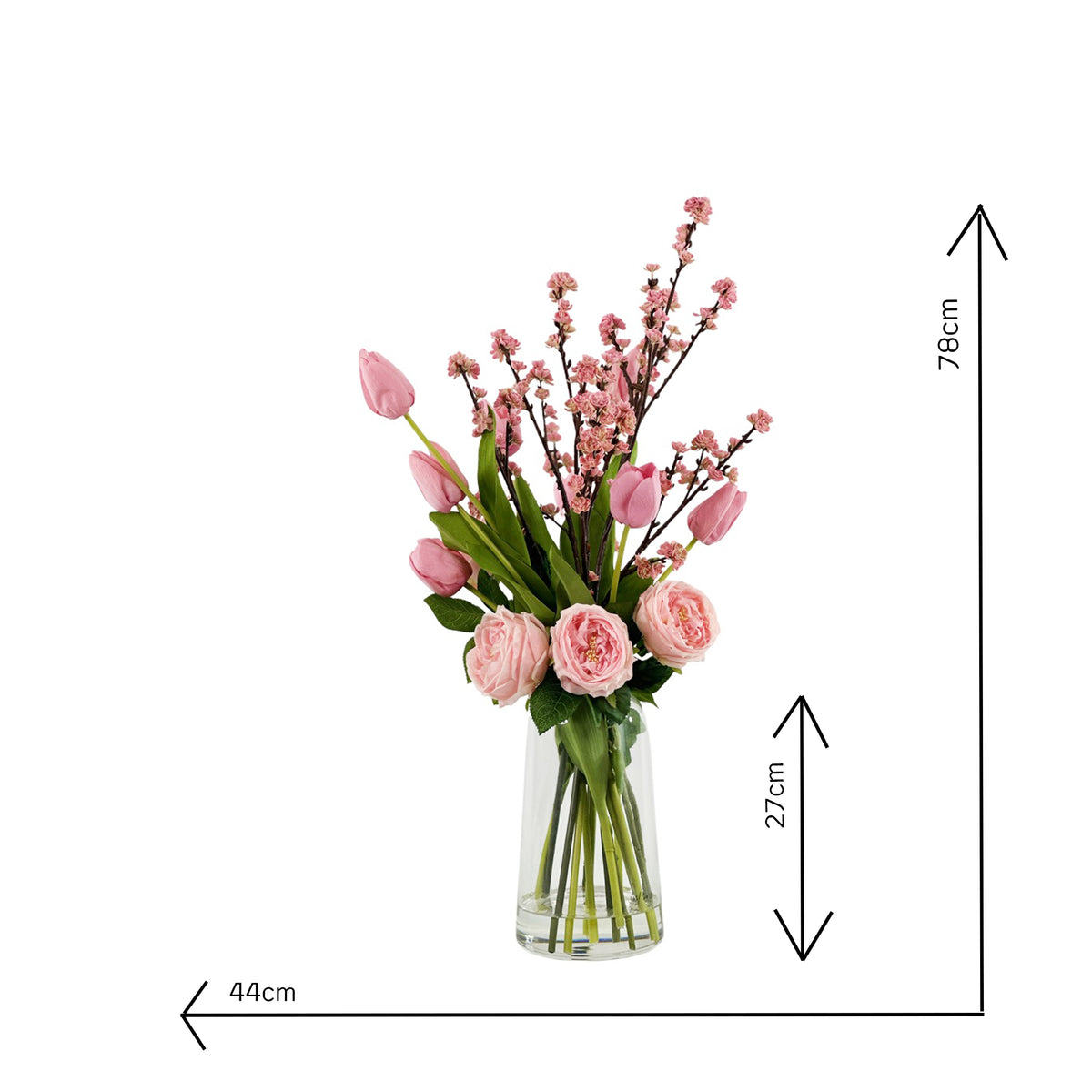 Mix Rose Tulip Cherry blossom Arrangement in Glass Vase