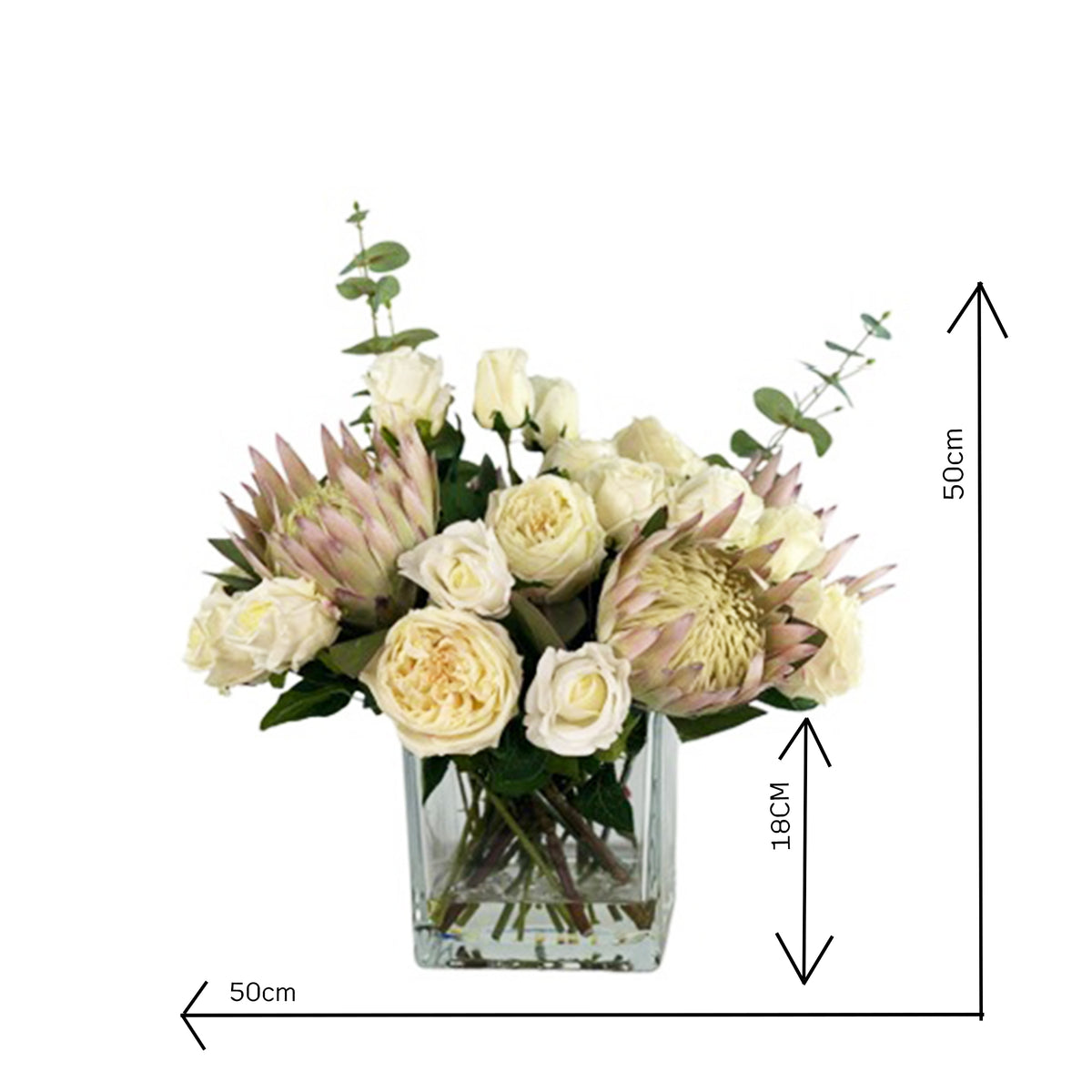 Bouquet of faux flowers with proteas and roses in a clear vase with faux water on a white background with measurements