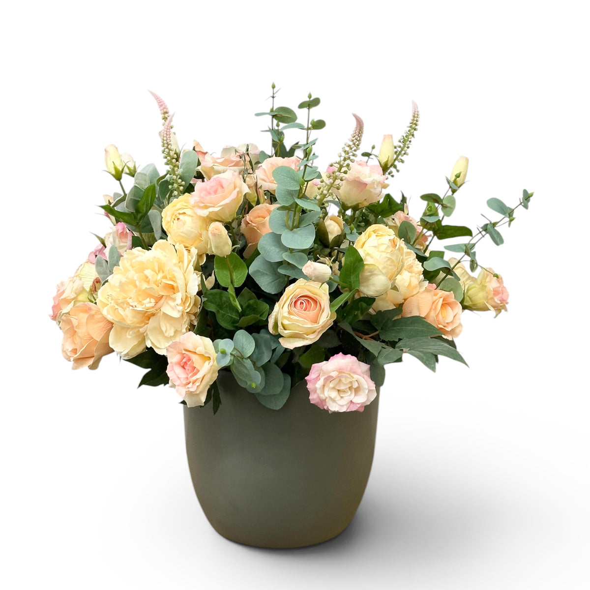 Mixed artificial Flower arrangement with Peonie, Rose Lusianthus and Lambs ear in olive green Ceramic