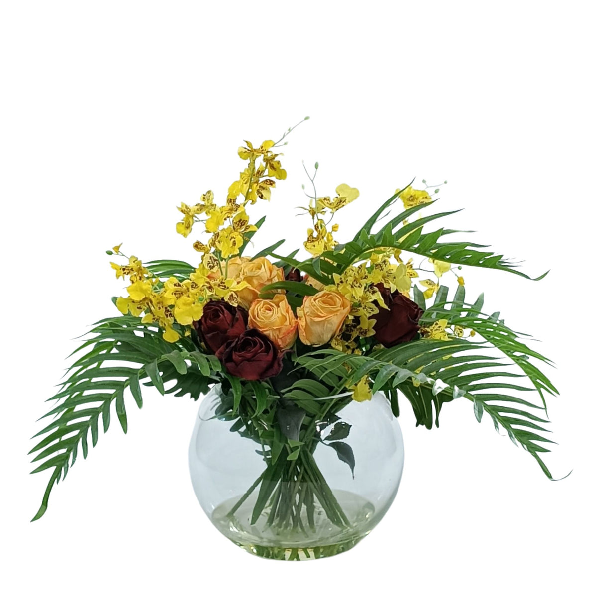Roses Orchids and Palm Leaves Mix Arrangement
