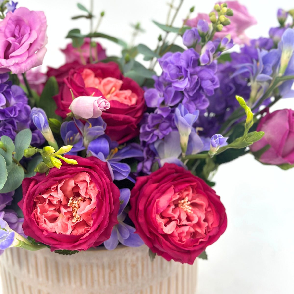 Rose Snapdragon Freezia Eucalyptus Mix Arrangement in Ceramic Planter
