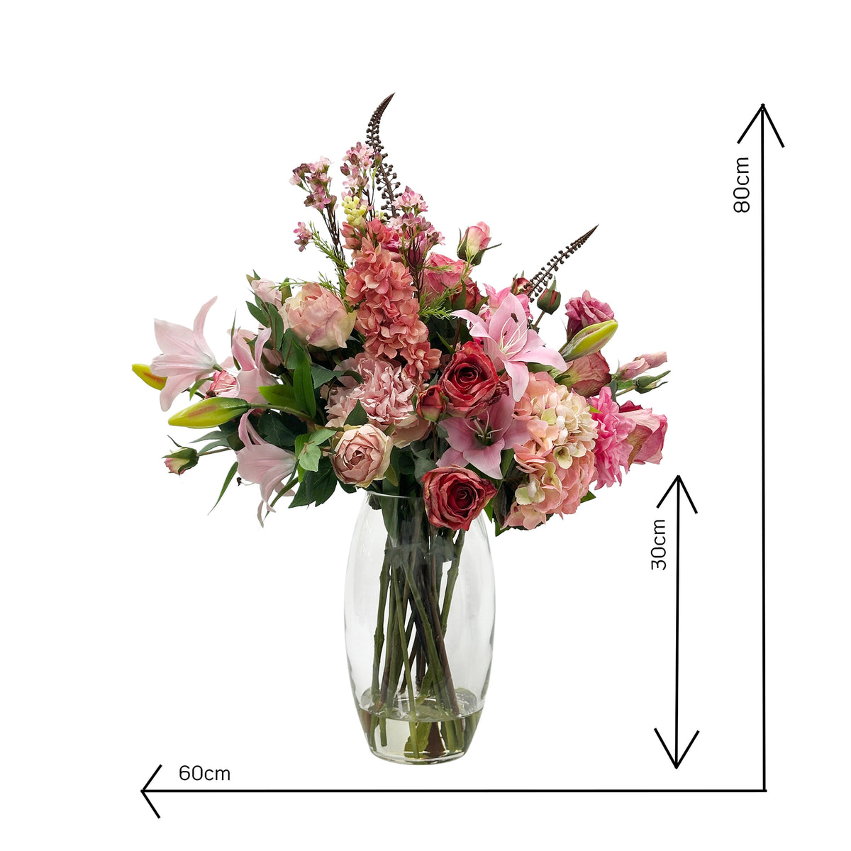 Bouquet of pink silk flowers in a clear vase with dimensions indicated on a white background