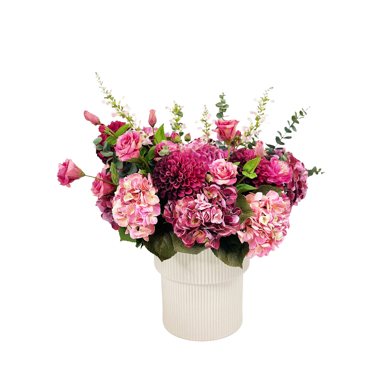 Eucalyptus Hydrangea Dahlia Rananculus Mix Silk Flower Arrangement available from Plant Couture www.plantcouture.co.za