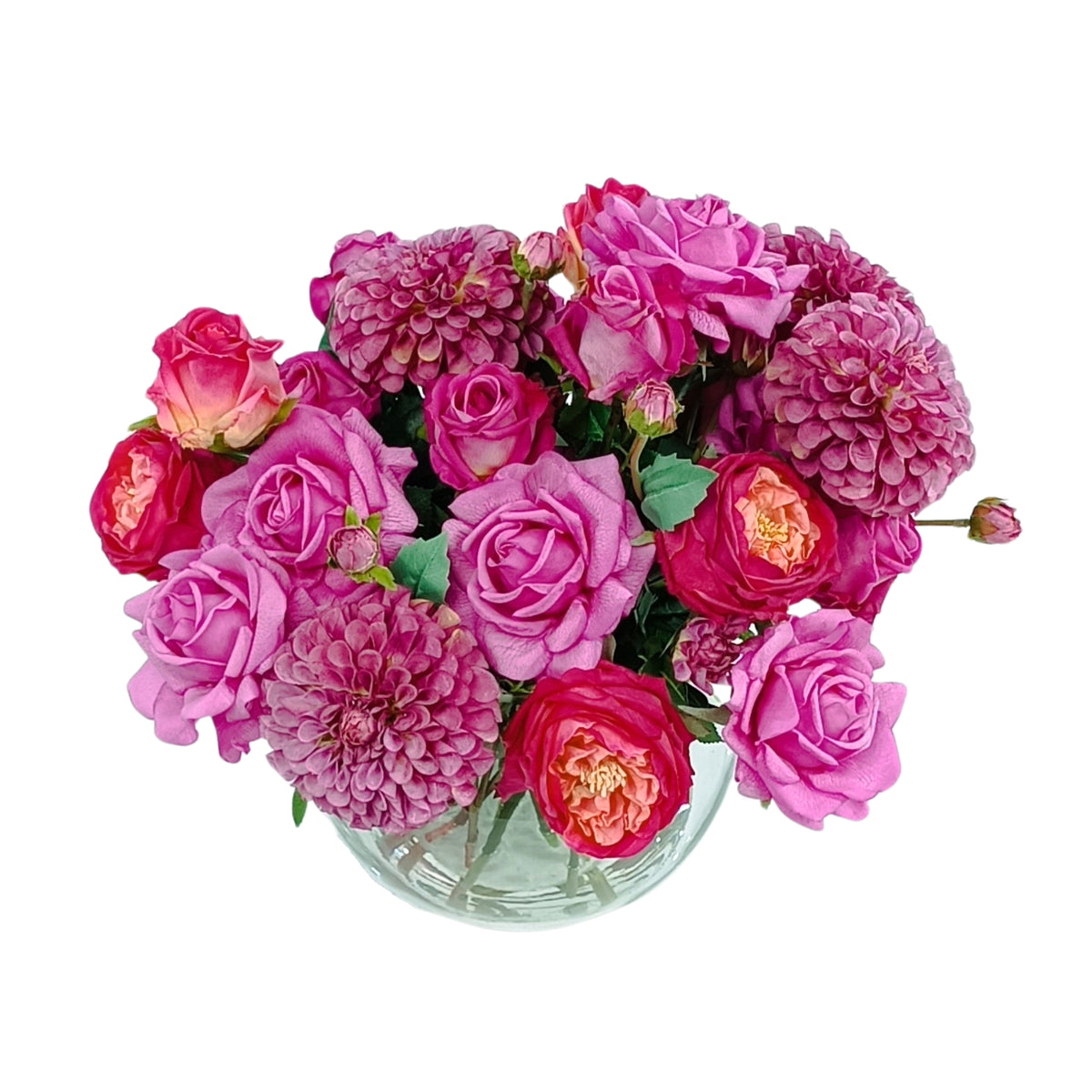 Dahlia Cabbage Roses Mix Arrangement in Glass Bubble Ball Vase