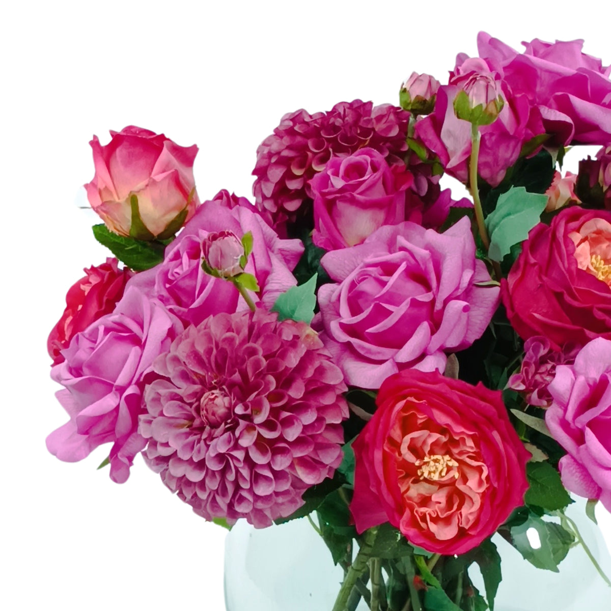 Dahlia Cabbage Roses Mix Arrangement in Glass Bubble Ball Vase