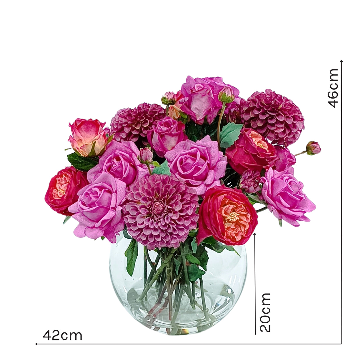 Dahlia Cabbage Roses Mix Arrangement in Glass Bubble Ball Vase