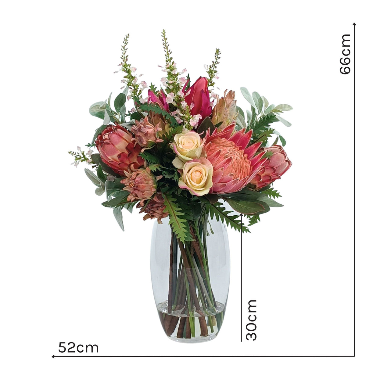 Mix Arrangement Protea Rose Artichoke. Silk flower arrangement available from www.plantcouture.co.za. Front view of arrangement with measurements. 66cm tall by 52cm wide with a vase of 30cm high.