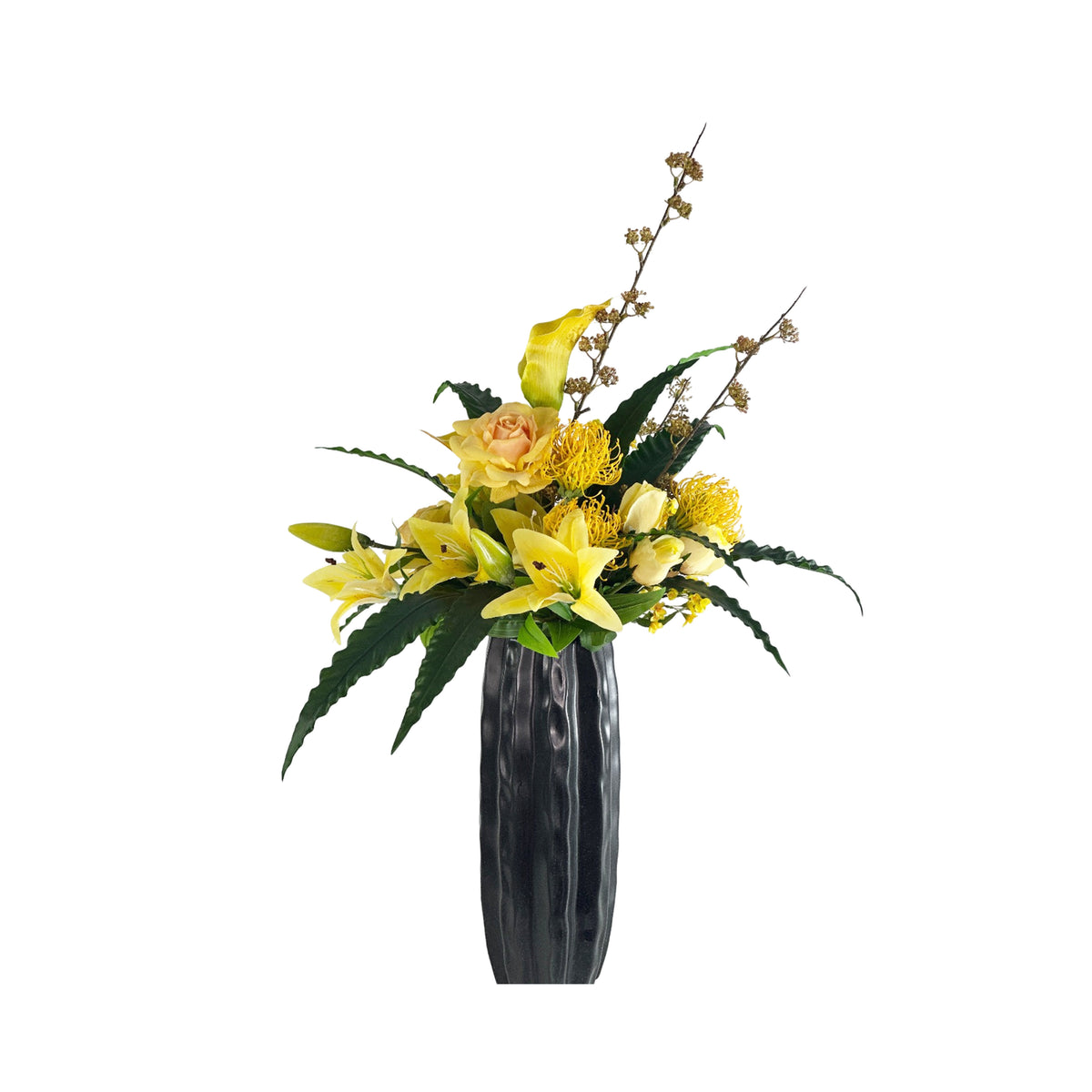 Mixed Yellow Rose Lily and Greenery in Tall Planter