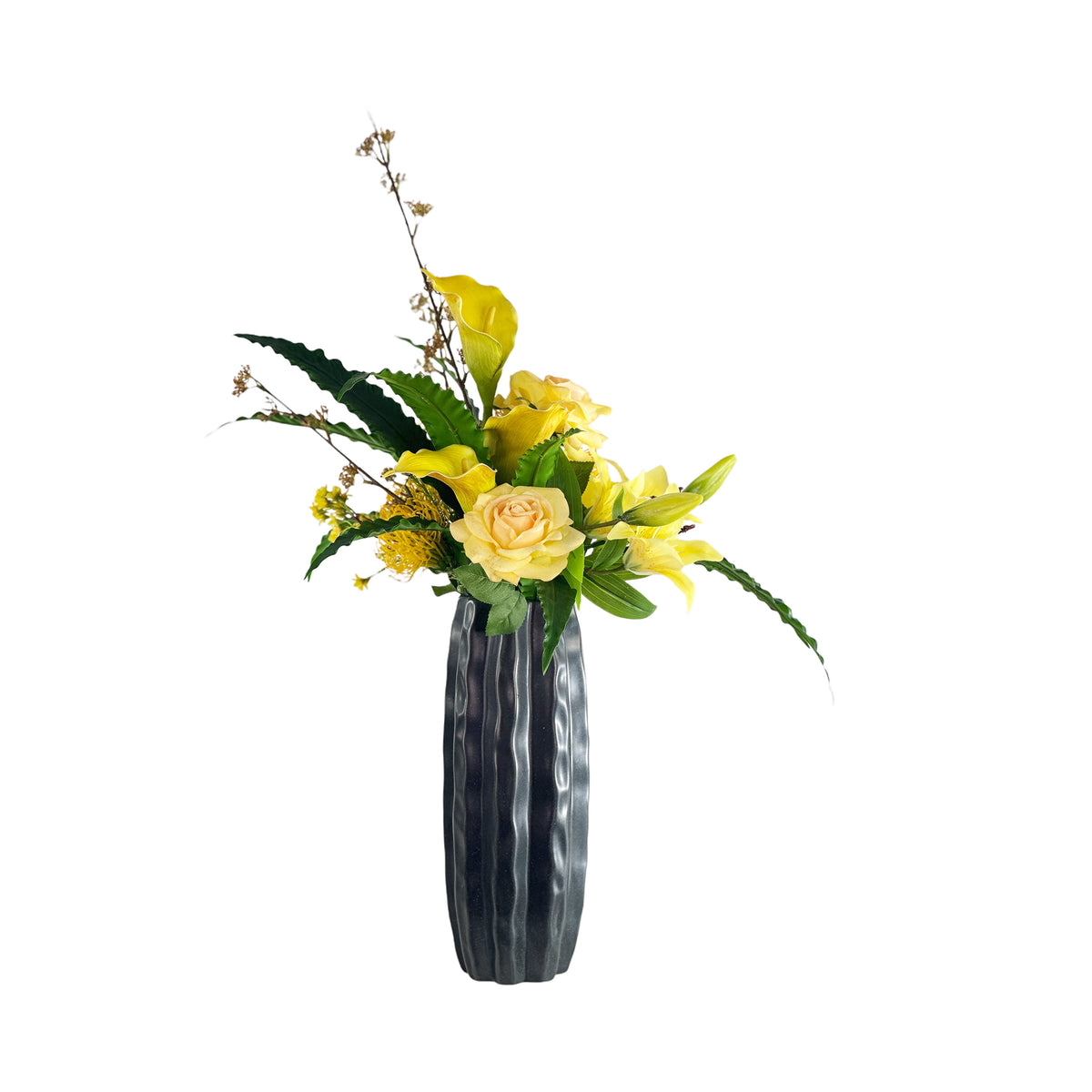 Mixed Yellow Rose Lily and Greenery in Tall Planter