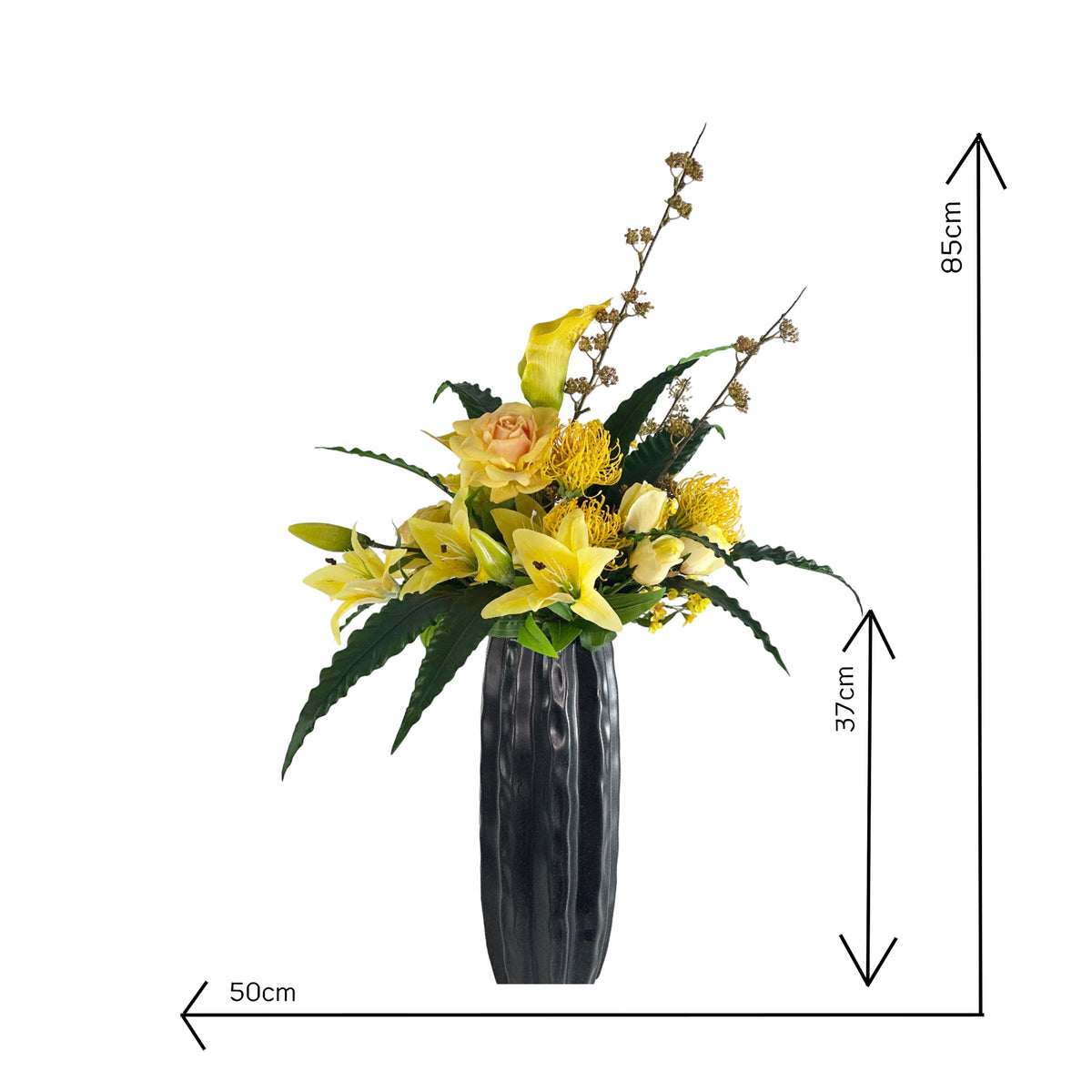 Mixed Yellow Rose Lily and Greenery in Tall Planter