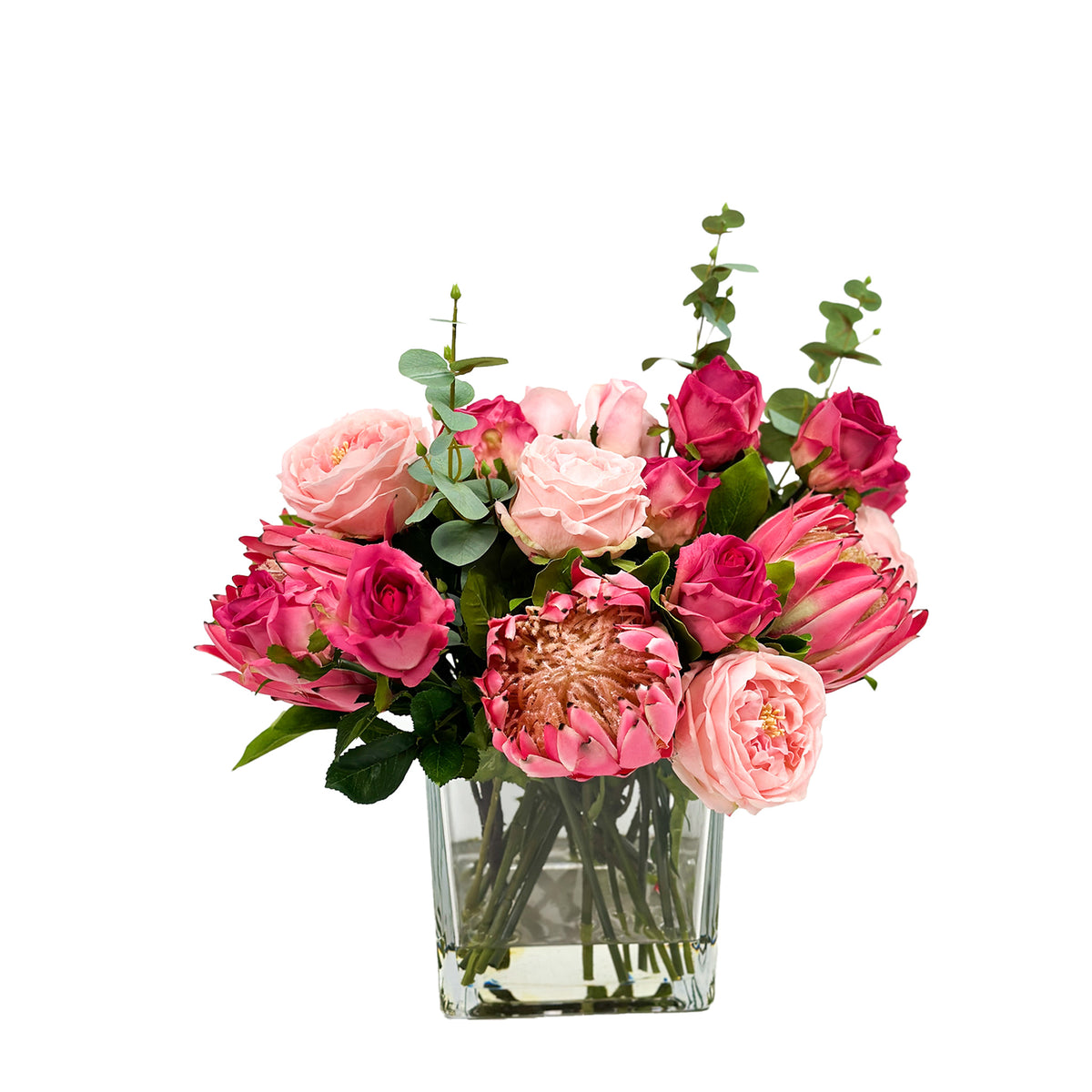 Mix Silk Flower Arrangement Rose Protea In Square Vase